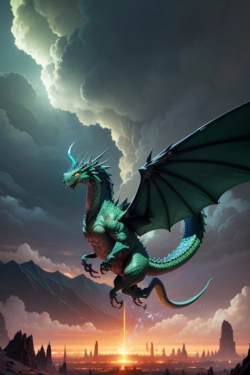 Majestic green dragon in flight, con alas extendidas y cuerpo serpentino cubierto de escamas brillantes. Sus ojos agudos miran hacia adelante, mientras volutas de humo escapan de sus fosas nasales en un Paisaje del Infierno, El fondo del infierno, La batalla final en el infierno, apocalypse landscape.