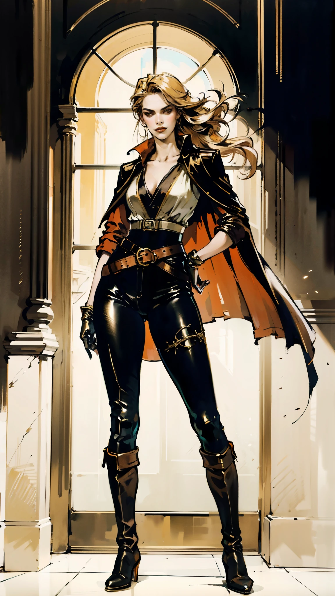 A beautiful woman with flowing orange long hair, exquisite facial features, a playful smile, confident eyes, a tall figure, a two-piece fantasy-style pirate robe coat, yellow as the main color, complemented by red accents, long wrist guard gloves on her hands, a gold belt around her waist with a short hem, leather pants, knee-high boots, standing with her hands on her hips in front of a fantasy medieval-style port tavern, this character embodies a finely crafted fantasy-style female pirate in anime style, exquisite and mature manga+comic art style, methurlant, high definition, best quality, highres, ultra-detailed, ultra-fine painting, extremely delicate, professional, anatomically correct, symmetrical face, extremely detailed eyes and face, high quality eyes, creativity, RAW photo, UHD, 8k, Natural light, cinematic lighting, masterpiece-anatomy-perfect, masterpiece:1.5