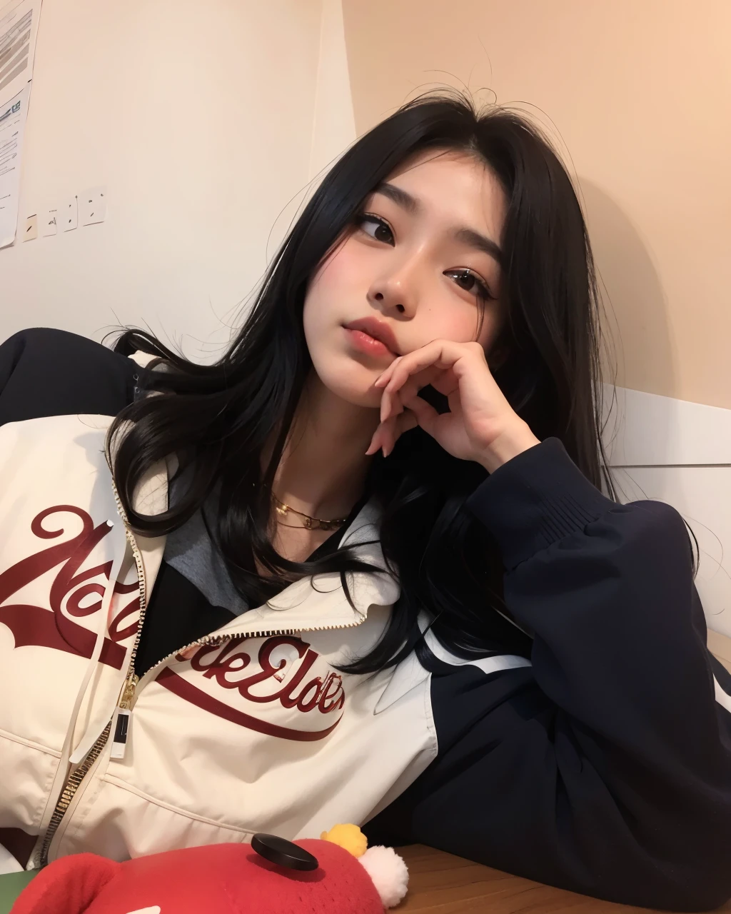 Araffe woman sitting at a table with a stuffed animal, Ulzzang, de cabelo preto vestindo capuz, coreana, vestindo capuz, de 19 anos, Jinyoung Canela, linda mulher coreana jovem, she is wearing streetwear, Mulher sul-coreana bonita, jaeyeon nam, Heonhwa Choe, ela tem cerca de 1 6 anos de idade