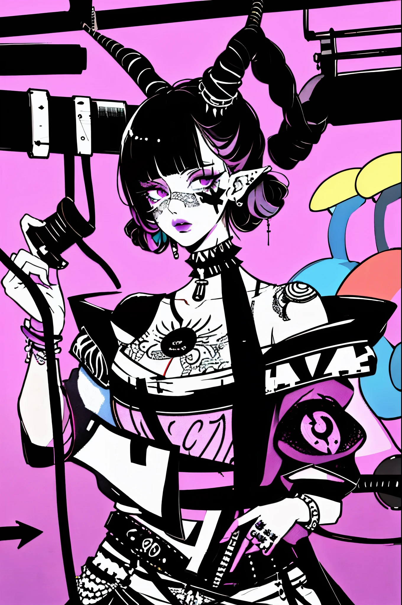 (masterpiece:1.2, best quality), (real picture, intricate details), (1lady, solo, upper body, big) The clothes ar：avant-garde，avant-garde，Experiment with appearance：curlies，Dramatic makeup，Unconventional fashion choice behavior：rebelliousness、non-conformist、Provocation location：urban art district、Underground music venues Hobbies：Participation in punk shows、creating mixed media art、Try different subcultural values：individuality、Realiy、Creative expression of inspiration：Punk rock music、Counterculture icons，Avant-garde art movement character traits：boldness、boldness、act outside the box。