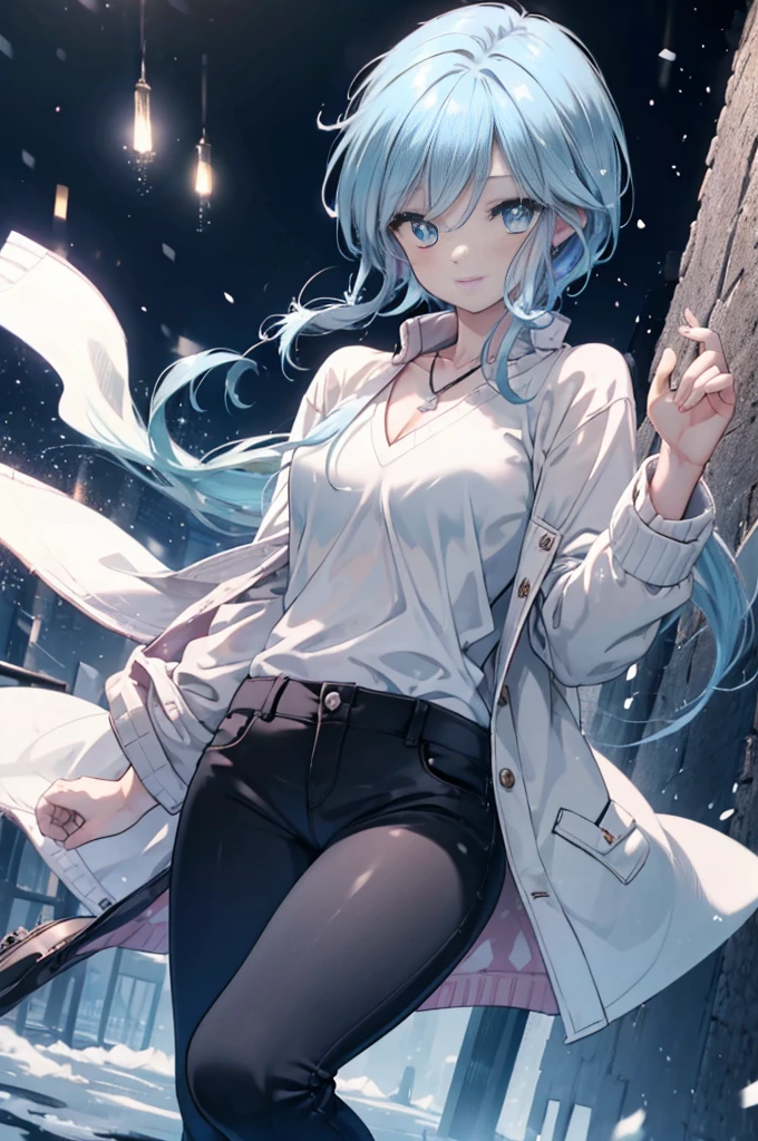  Yukime,Yukime　Nu～B～, 1 girl, alone, light blue hair,long hair,light blue eyes,Black long coat,white v-neck sweater,necklace,skinny pants,stiletto heels,blush,smile,In town,winter,It&#39;s snowing,(masterpiece:1.2), highest quality, High resolution, unity 8k wallpaper, (figure:0.8), (beautiful and fine eyes:1.6), highly detailed face,highly detailed eyes, highly detailed hands,highly detailed fingers,Highly detailed feet,perfect lighting, Very detailed CG, (perfect hands, perfect anatomy),