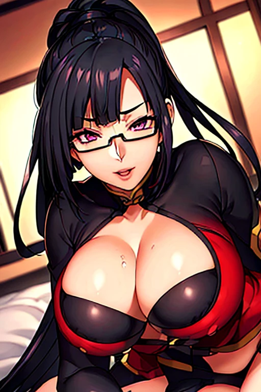 1 girl, masterpiece, the best quality, Medium shot panorama, split, (lactating:1.5), sitting on bed, (Face红:1.4), (white underwear), Half-rimmed glasses, black hair, very long hair, ponytail,Bangs,purple Eye, 1, 20 years,young women,beautiful Finger,beautiful long legs,beautiful body,beautiful Nose,beautiful character design, perfect Eye, perfect Face,expressive Eye,Perfect balance, looking at the audience,(Focus on the entire body), (Innocent_big deal_Eye:1.0), official art,Extremely detailed CG unified 8k wallpaper, perfect lighting,rich and colorful, bright_front_Face_light,shiny skin, (masterpiece:1.0),(the best_quality:1.0), 超high resolution,4K,Super detailed, photography, 8k, human development report, high resolution, ridiculous:1.2, Kodak Portrait 400, film grain, blurred background, Bokeh:1.2, lens flare, (energetic_color:1.2),Professional photos, (beautiful,big deal_breast:1.4), (beautiful_Face:1.5), Show the whole body,Red and white cheongsam,black lace bras,sexy thighs,excited expression