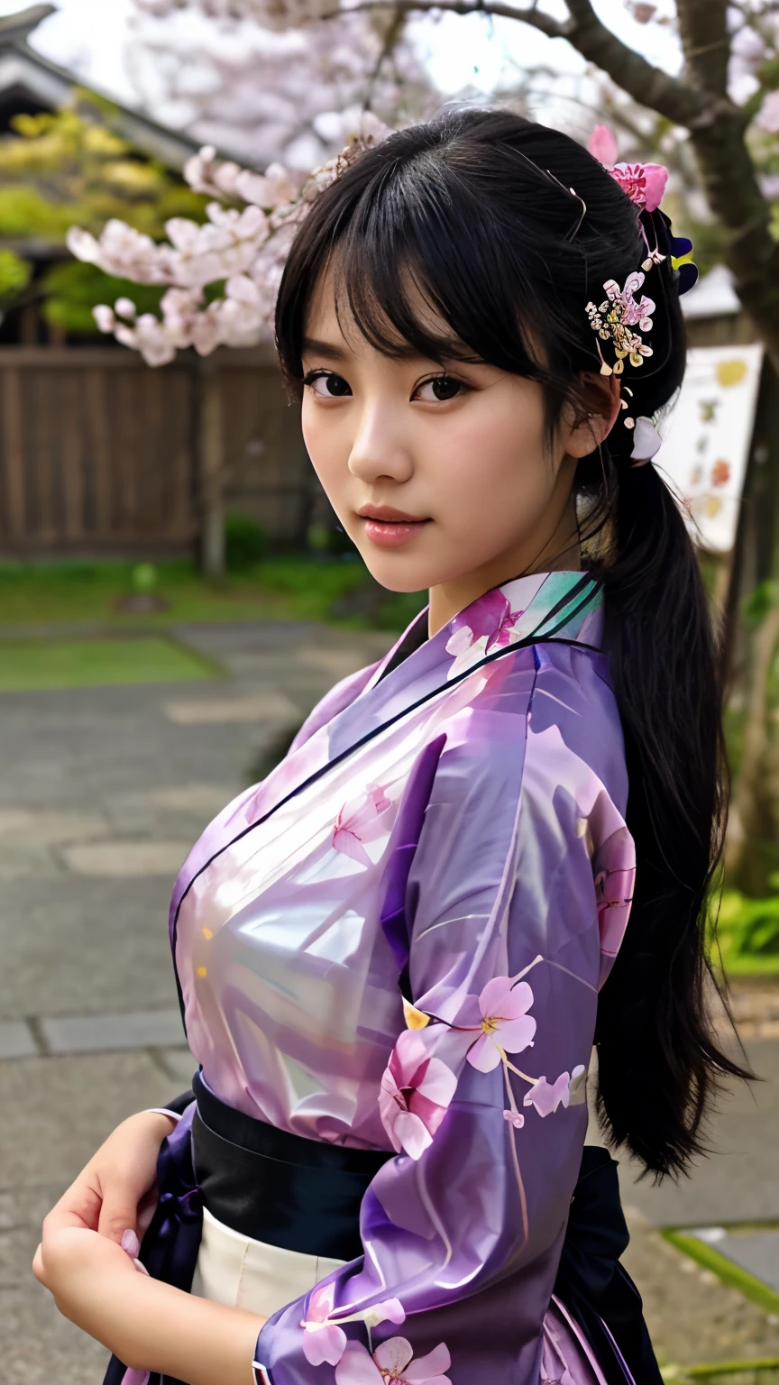 最high quality、high quality、best image quality、8K、最High resolution、High resolution、最high quality、masterpiece、realistic pictures、RAW photo、realistic atmosphere、(detailed face)、(fine hands、thumb1reference4)、(beauty of japan )、very nice face、cute face、((beautiful japanese girl))、(woman), ((18 year old beautiful girl))、(glossy black hair)、(straight long hair)、(ponytail)、whole body、slim style、(shiny skin)、(Fair skin, Glossy skin)、real human skin、realistic human body structure、perfect body, perfect face, perfect hands, perfect fingers, perfect lips, perfect eyes,perfect teeth、perfect background, perfect atmosphere,soft natural light、samurai kimono、maiko kimono、servant、geisha kimono、japanese kimono、Furisode、kimono、Yukata、japanese traditional、Samurai Residence、Japanese garden、((colorful transparent vinyl(flowery kimono、Hakama with side slits))、((Under the cherry blossom tree in full bloom(Poses that make your thighs look sexy))