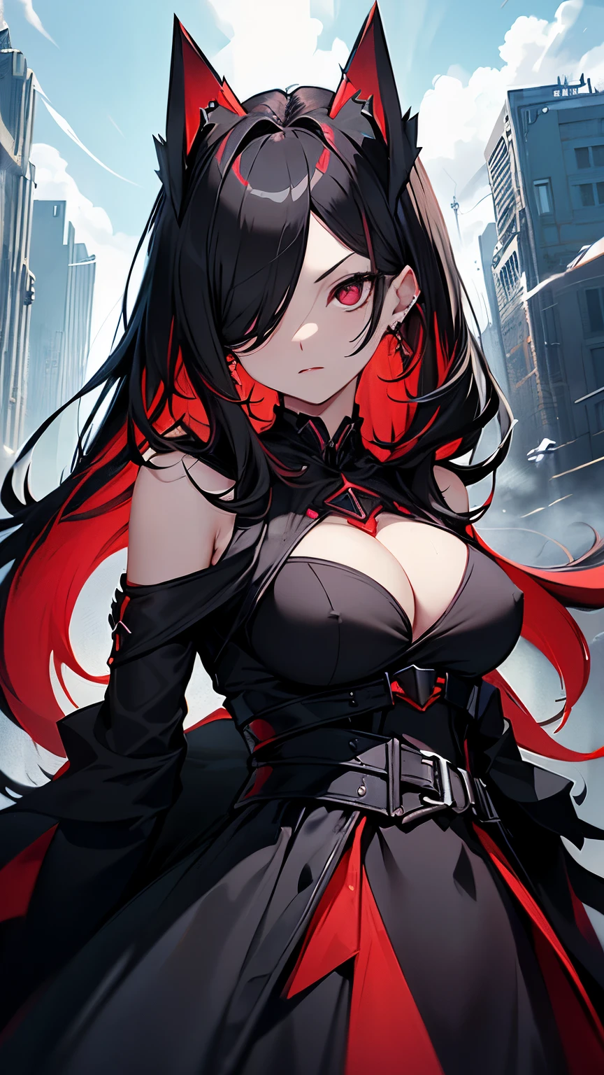 1 girl, (Masterpiece), dynamic lighting, dynamic colors, (scenery), best pose, (gacha splash background), female, (((milf, small head, small eyes, angular face, angular chin, long face, mature face, mature))), (human), (jet black colored hair, long sleek hair, sleek hair, scarlet red colored eyes, glowing eyes), sparkly eyes, (super expressionless, super expressionless eyes, super confident pose, super expressionless expression), (((long dress made out of black smoke, all black dress, black dress, full dress, covered))), (((big breasts))), ((tall, lengthy body, deathly pale, scarlet red lips, slim waist, slim)),