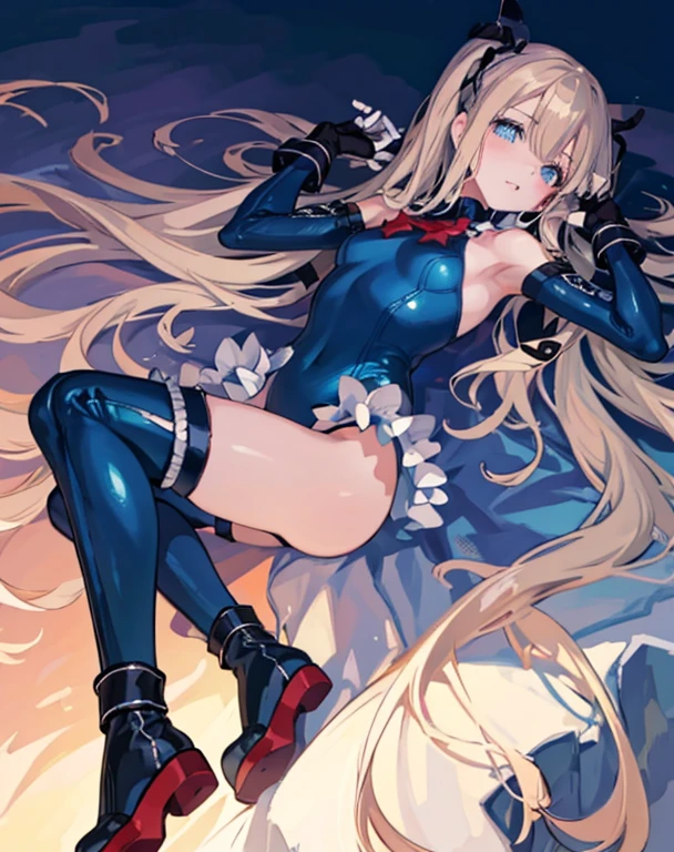 highest quality,sleep on your back in bed,Crab crotch,show me your boots,thigh high boots,leotardチラ見せ,glove,elegant, 1 girl, leotard,body suit,cute, blushed, looking at the viewer, from below, prison,blue eyes, beautiful eyes, beautiful background, particles of light, Light of the sun, dramatic lighting, outside, shiny, realistic, table top, highest quality, Super detailed, get used to it, scenery, beautiful and detailed eyes, thin hair,full body shot,