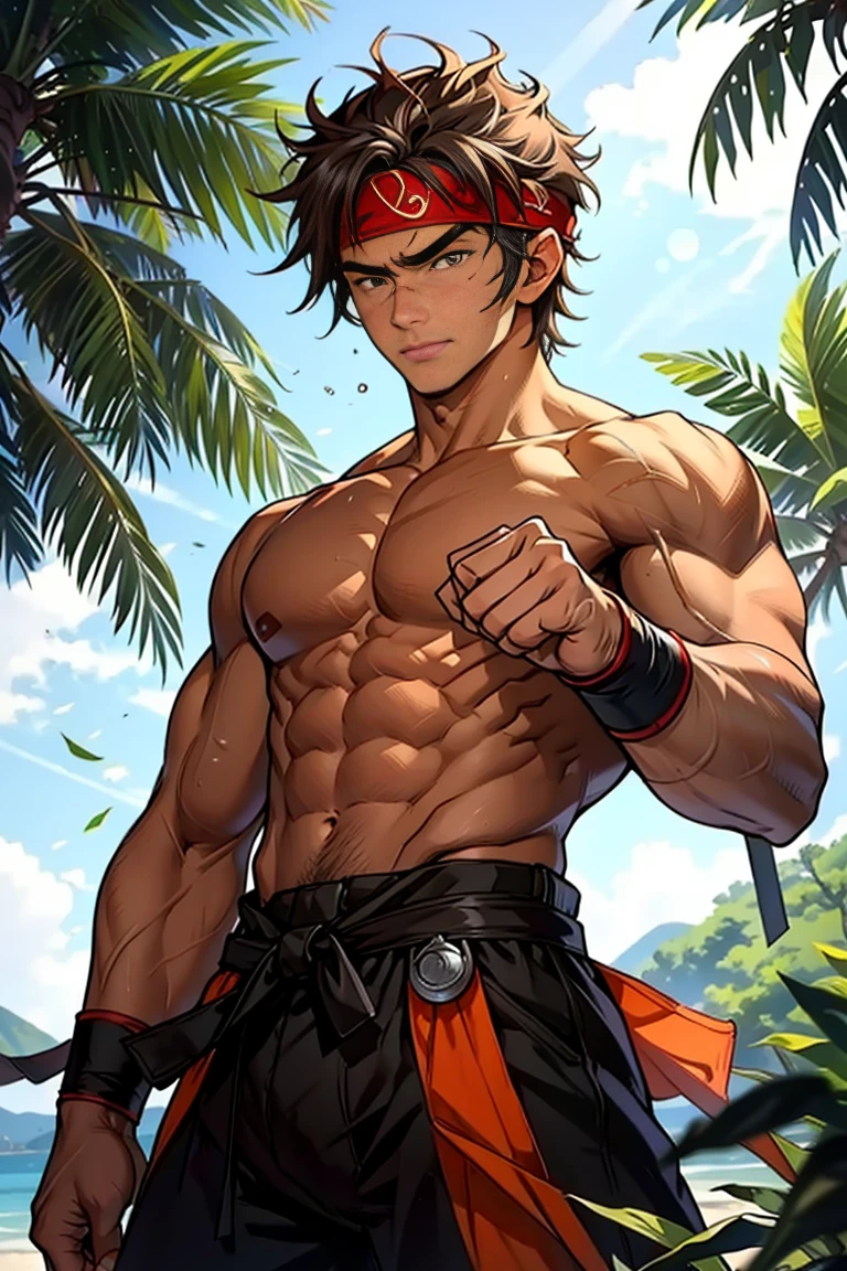 (Masterpiece, Best quality 16 year old boy，Shota), solo, Young, boy, Dark Short hair, full bodyesbian, Shirtless, babyface, topless, green headband, Vivid colors,(Depth of field:1.2),(Abs), view the viewer, black wristband, closed mouth, serious, topless male, pale tanned skin with tight muscler body, Man with martial arts stance, epic kung fu pose,