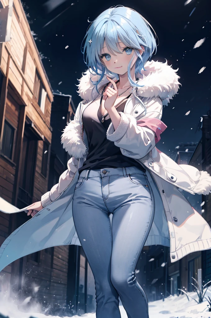  Yukime,Yukime　Nu～B～, 1 girl, alone, light blue hair,short hair,light blue eyes,Black long coat,white v-neck sweater,necklace,skinny pants,stiletto heels,blush,smile,In town,winter,It&#39;s snowing,(masterpiece:1.2), highest quality, High resolution, unity 8k wallpaper, (figure:0.8), (beautiful and fine eyes:1.6), highly detailed face,highly detailed eyes, highly detailed hands,highly detailed fingers,Highly detailed feet,perfect lighting, Very detailed CG, (perfect hands, perfect anatomy),