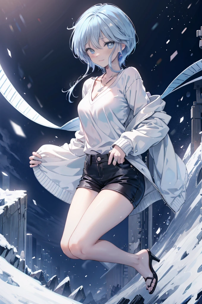  Yukime,Yukime　Nu～B～, 1 girl, alone, light blue hair,short hair,light blue eyes,Black long coat,white v-neck sweater,necklace,skinny pants,stiletto heels,blush,smile,In town,winter,It&#39;s snowing,(masterpiece:1.2), highest quality, High resolution, unity 8k wallpaper, (figure:0.8), (beautiful and fine eyes:1.6), highly detailed face,highly detailed eyes, highly detailed hands,highly detailed fingers,Highly detailed feet,perfect lighting, Very detailed CG, (perfect hands, perfect anatomy),