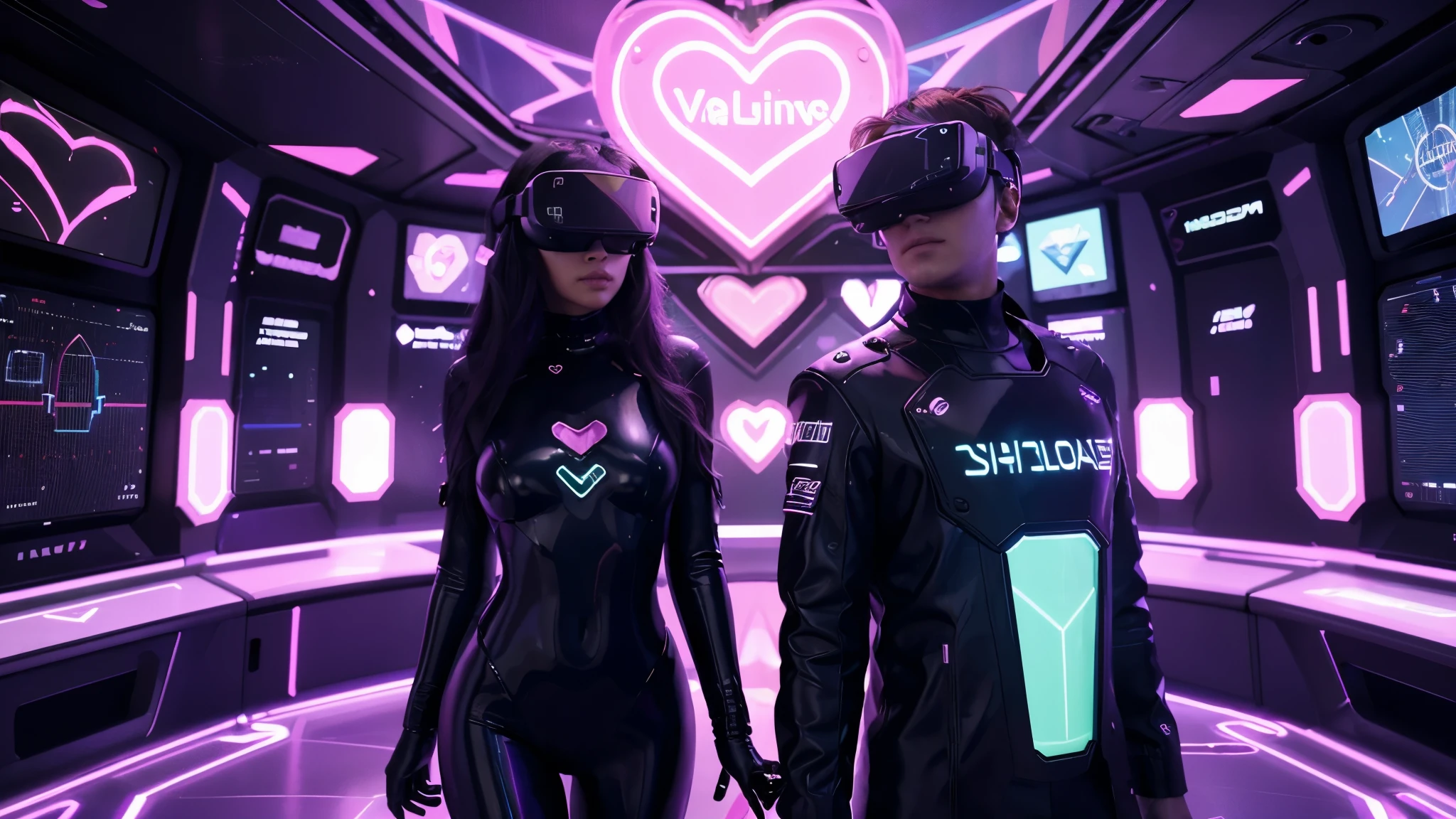 A futuristic Valentine's Day celebration in a virtual reality environment, holographic hearts and neon lights illuminating the digital space, couples wearing sleek futuristic attire, surrounded by floating platforms displaying personalized messages, 3D Rendering, using VR-compatible software to create a surreal and immersive atmosphere