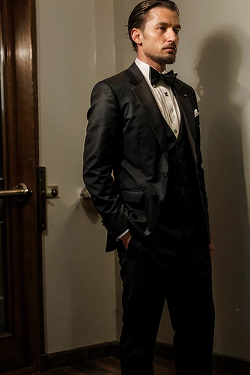 A Freemason in a tuxedo and masonic apron, 35 years old, well groomed, stands facing right in profile. He looks determined.