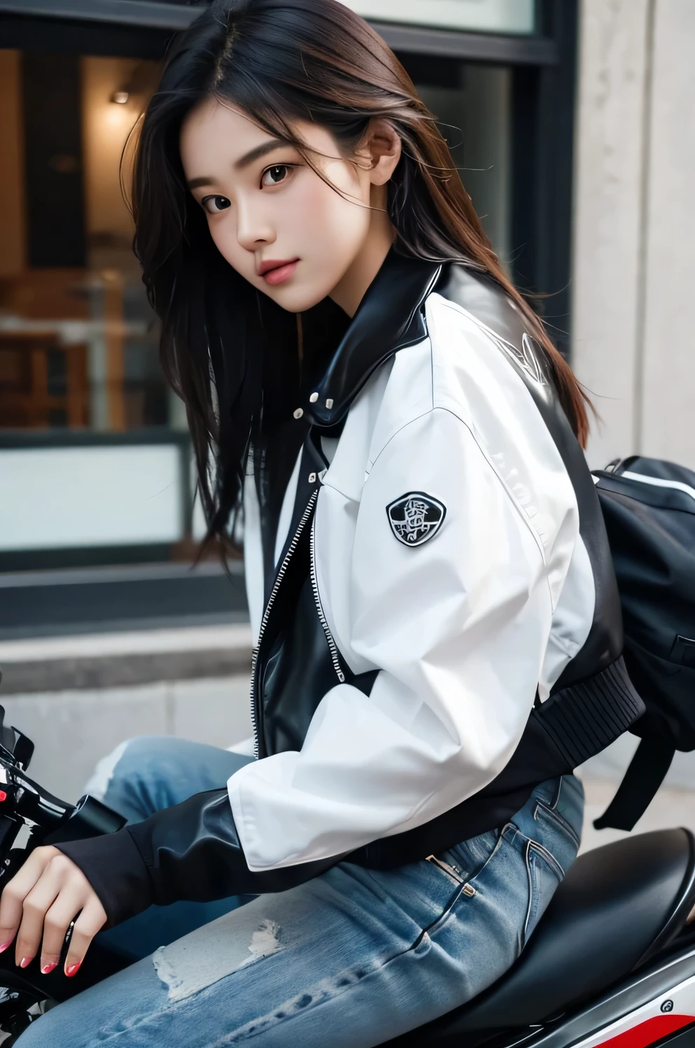 riding on motorcycle, woman, nice, Wearing a rider's jacket,  Use icons,pretty girl,No head accessories