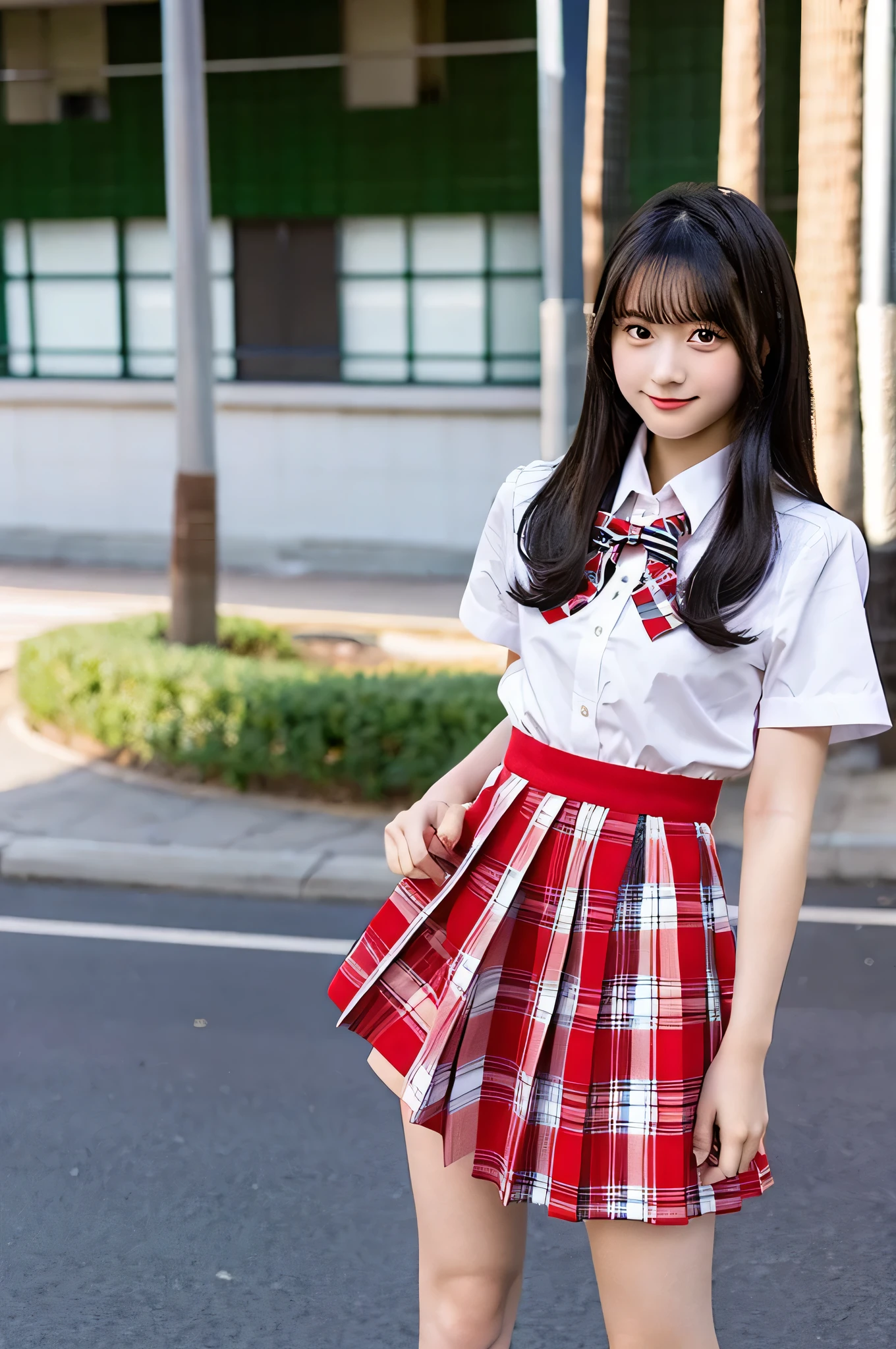 An 18-year-old high school girl wearing a super miniskirt uniform with a red plaid pattern and a white dress shirt..(black hair)