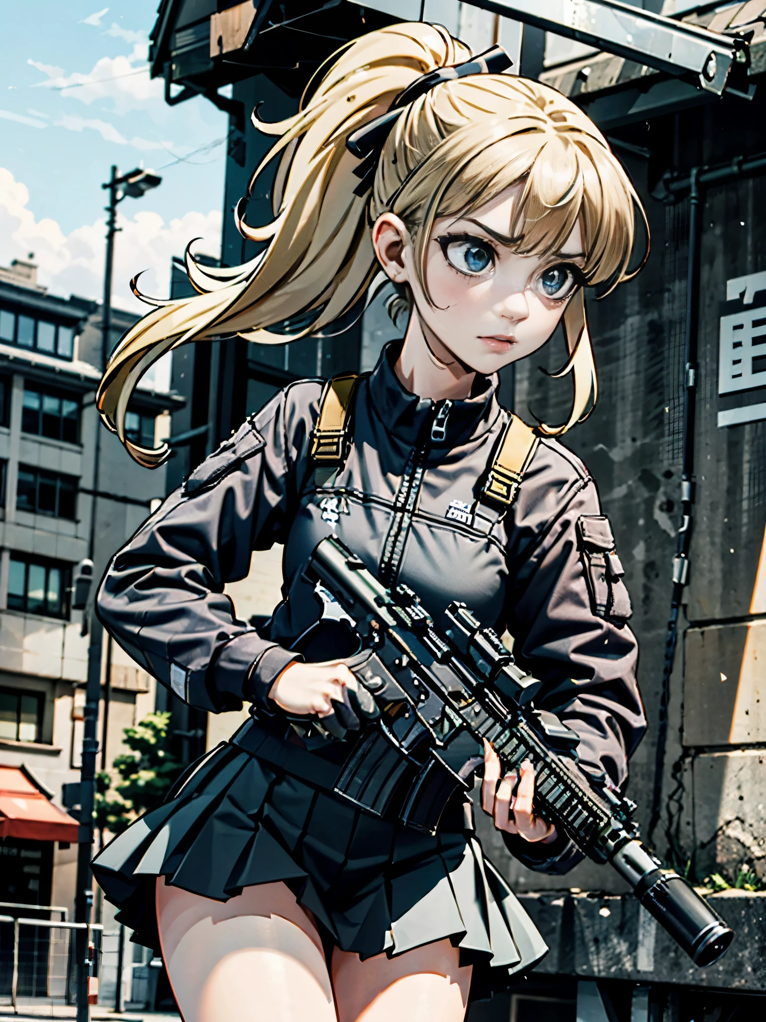 (((pixel-perfect, detail-perfect))),, lens flare, depth of field, (close-up:1.3), (wide shot, fisheye:0.85), facefocus, 1girl, standing, long blonde hair, ponytail, hair tie, blue eyes, serious, high school girl, pleated skirt, miniskirt, (using weapon, using rifle, aiming, aim:1.2), gun, h&k hk416, carbine, open fire, firing, sunny, blue sky, cloudy sky, city, street, ((only five fingers))
