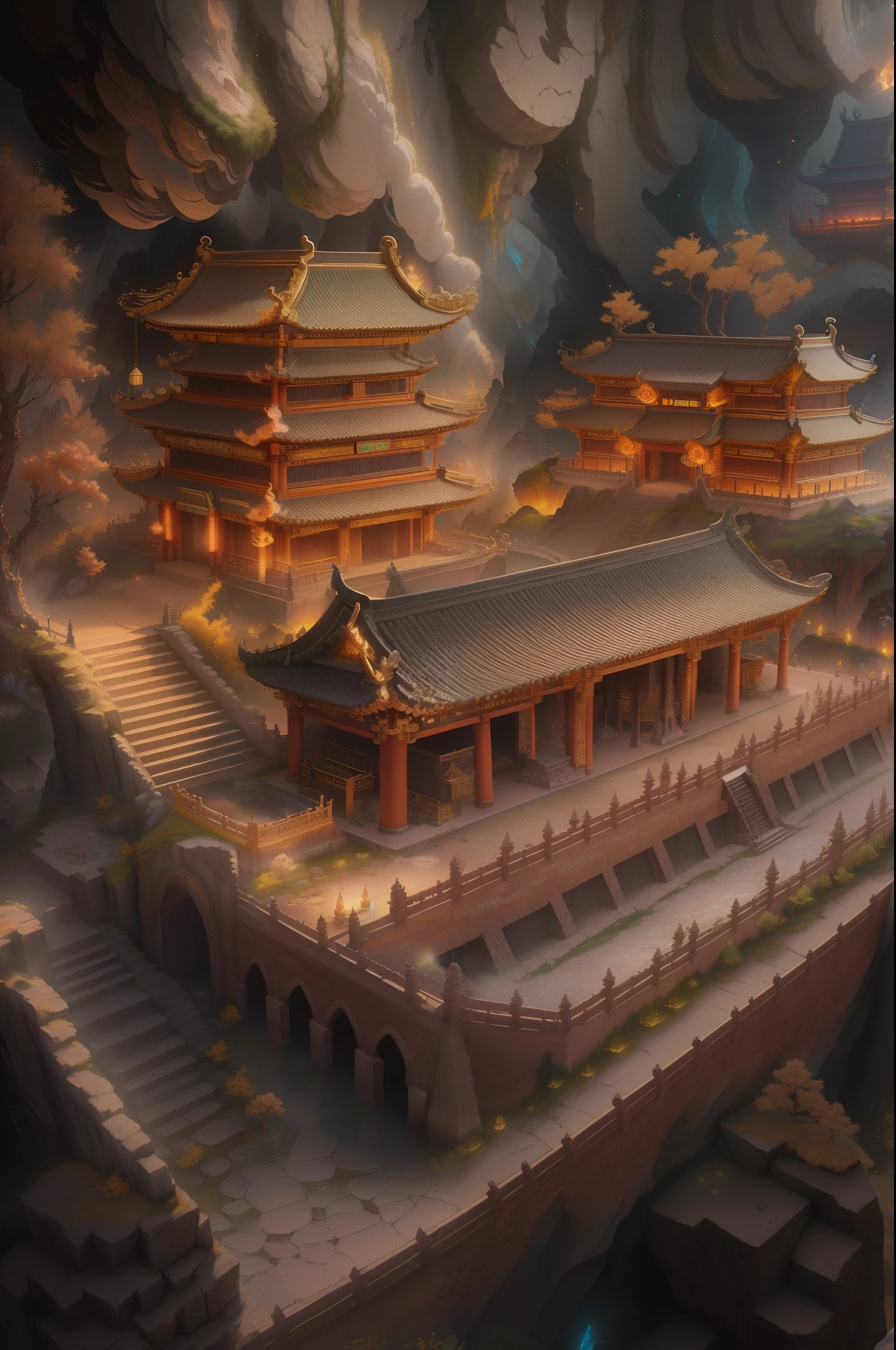 Intricate underground palace,mechanisms,ingenious design,ornate decorations,everlasting flames,myriad of burial objects,mysterious creatures,maze of the dragon's tomb,Qin Shi Huang's mausoleum,Terracotta Army,Mercury river,levitating palace,(best quality,4k,8k,highres,masterpiece:1.2),ultra-detailed,(realistic,photorealistic,photo-realistic:1.37),HDR,UHD,studio lighting,ultra-fine painting,sharp focus,physically-based rendering,extreme detail description,professional,vivid colors,bokeh,landscape,wispy color tones,warm lighting