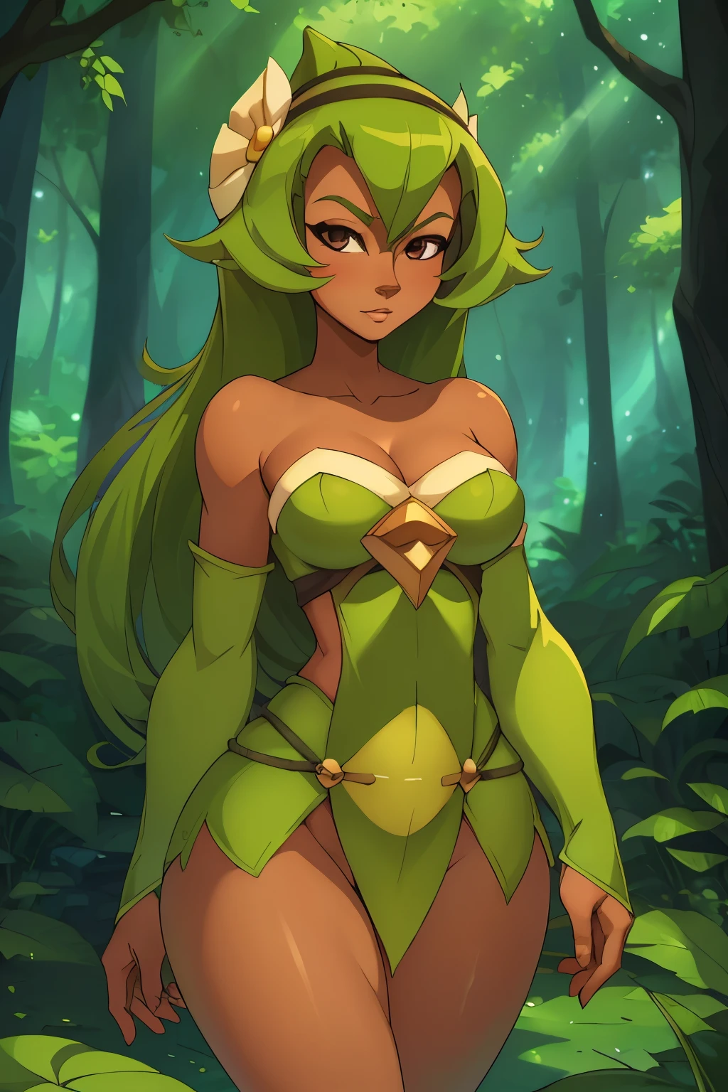 ((ultra quality)), ((masterpiece)), Amalia Sheran Sharm, Wakfu style, ((green medium long hair)), (Beautiful face), (beautiful female lips), (), charming, ((sexy facial expression)), looks at the camera, eyes slightly open, (skin color white), (White skin), glare on the body, ((detailed beautiful female eyes)), ((dark brown eyes)), (juicy female lips), (dark eyeliner), (beautiful female hands), ((ideal female figure)), ideal female body, beautiful waist, gorgeous thighs, beautiful medium breasts, ((subtle and beautiful)), sexy worth (), (green clothes Amalia Sheran Sharm - wakfu season 3) background: the forest, ((depth of field)), ((high quality clear image)), (clear details), ((high detail)), realistically, professional photo session, ((Clear Focus)), anime