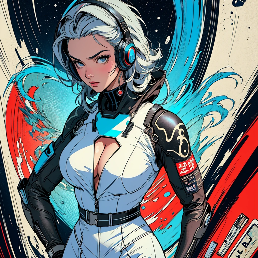 (((highest quality))),masterpiece,1 woman,((the perfect person)),((Super beautiful woman)),detailed perfect face,retro,vintage,classic,60's,70's,80's,old movie posters,abstract,((スペーススリラーmovie poster)),(Futuristic),Geometric pattern,very delicate,movie poster_white frame,universe,Milky Way,planet,,propaganda,universe飛行士,breast enhancement,simple,(big breasts),(cleavage),cyber punk,massive stream of light,overlay,SF,A scene from a science fiction movie,universeステーション,tattoo,American comic book style,perfect fingers,perfect physical beauty,perfect body,anime,