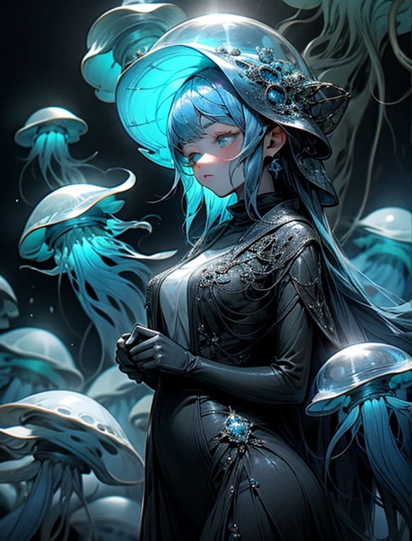 A girl wearing a jellyfish motif dress. big jellyfish on the head、blue jellyfish and blue glow. Blue tentacles lined up with blue luminous bodies. deep sea. A lot of jellyfish