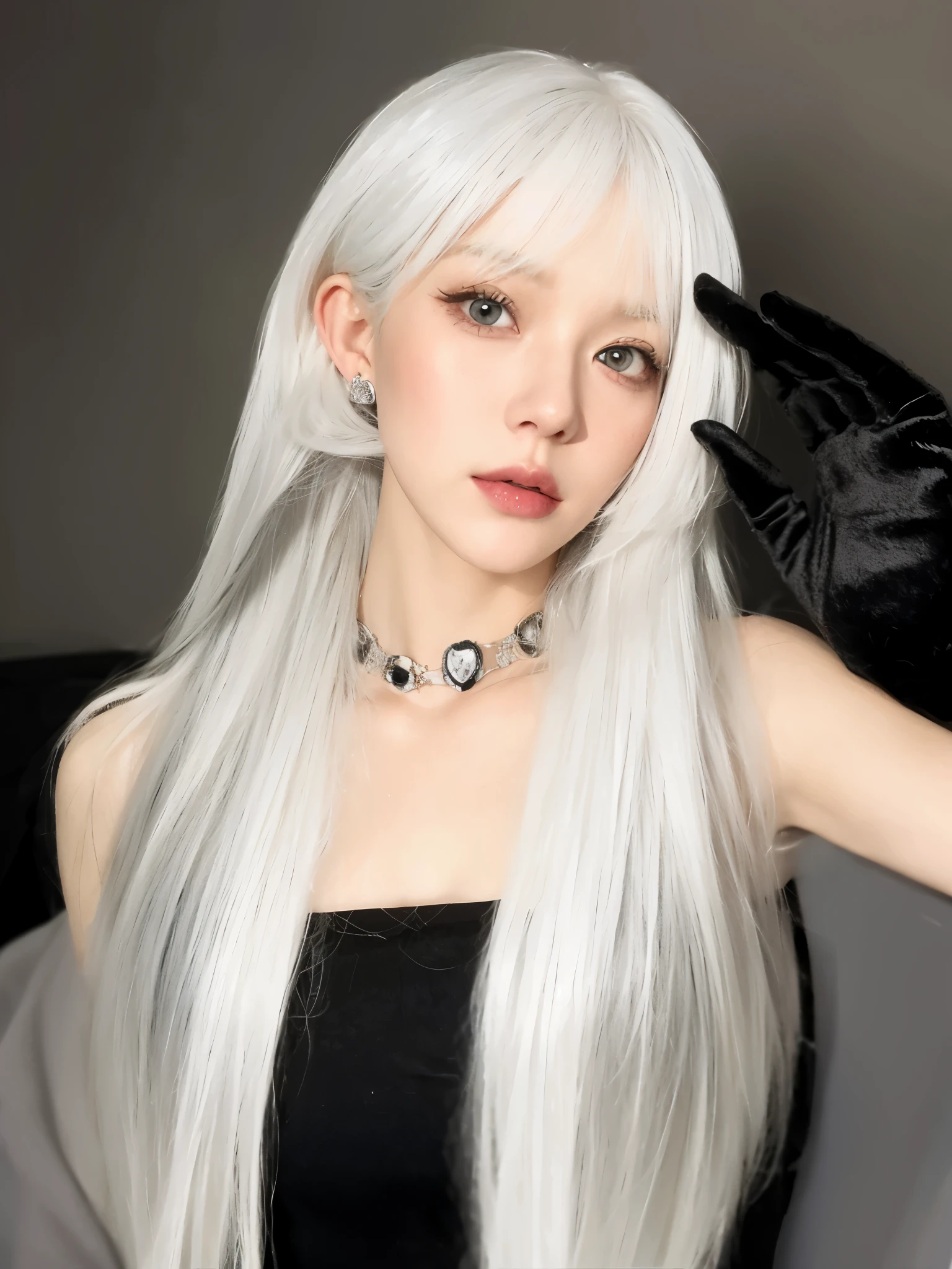 blond woman with white hair and black gloves posing for a picture, with long white hair, with white hair, perfect white haired girl, Long white hair and bangs, white hair girl, Silver-white hair, white hair color, white-hair pretty face, White straight hair, Baiji haircut hairstyle, Silver-haired girl, intense white hair, white long straight hair