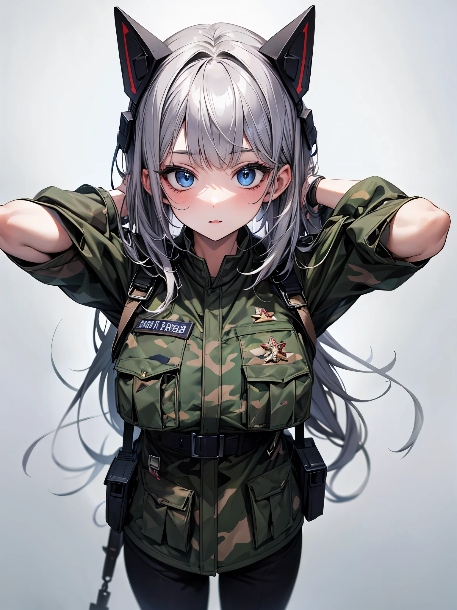 １woman, face focus, [[[[[[[adult]]]]]]], frontage,[[[Standing picture]]]、white background、highest quality, adopt, detailed face, [[[Full body Esbian]]]、[[[Standing picture]]], [[[18-year-old]]], bangs, [[laughter]]、Camouflage、Self-Defense Forces、[[[confident look]]], gray hair, blue eyes