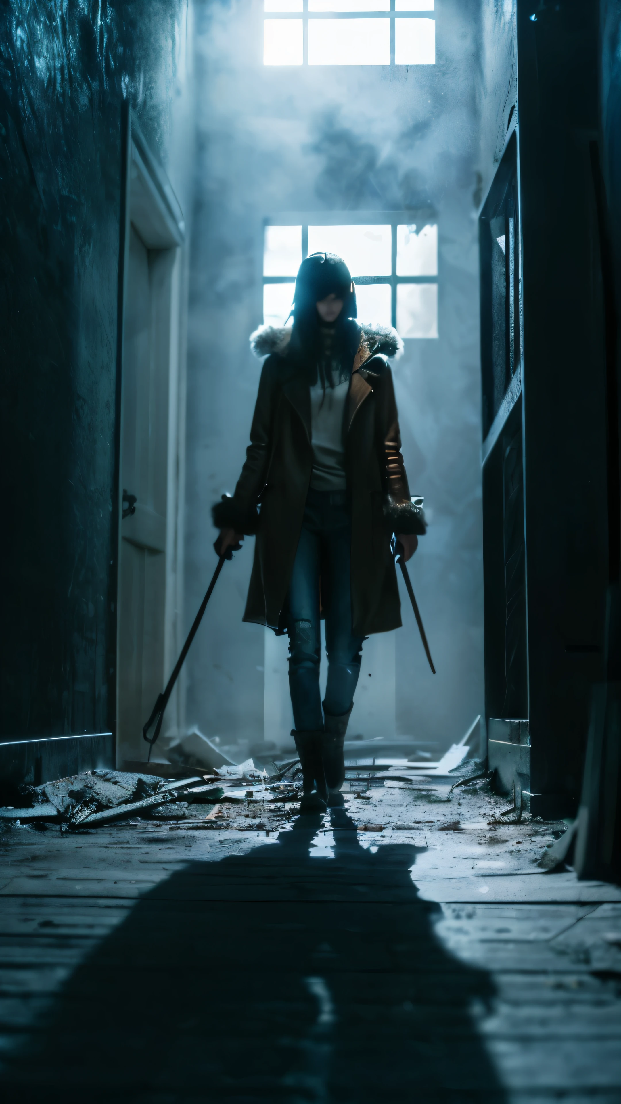 ((suspense scene ((CONCEPT ART)), extremely detailed with a girl wearing blue jeans, and brown coat and boots)), (better lighting, better shadow, an extremely delicate and scary), (digital illustration), ((4k painting)), [(dynamic angle,((1girl)),white hair, (beautiful face, perfect face, scared,) expression of fear, torn clothes, a gun in hand, sitting on the floor, darkness, scary house),  [:(dark, mysterious, game paint, sinister setting, jagged corridors, big house, deadly silence):]