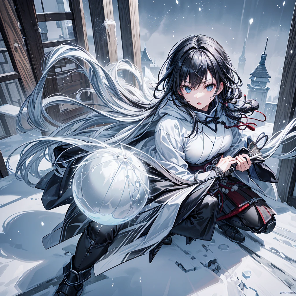 masterpiece, high-quality, high-definition, high-resolution, anime style, cold color palette, up view, full body, emitting cold air, delivery person, cool lighting, freezing surroundings, (a japanese samurai woman is holding a large snowball in her hand, Snowballs flying in the air, (Cold air is leaking from the box is leaking from her body):1.4), calm and serious facial features, tense expression, hooded hairstyle, black hair color, cold winter attire, focused gaze, slightly open mouth, deep blue eyes, translucent skin texture, exposed face and hands, average bust size, winter boots, fashionable embroidery, frozen doorstep, winter landscape, swirling ice crystals, recipient's home structure, snowy elements, cold winter snow weather, daytime, freezing atmosphere, (Background is Snowy battlefields and castles with richly drawn and delicate)
