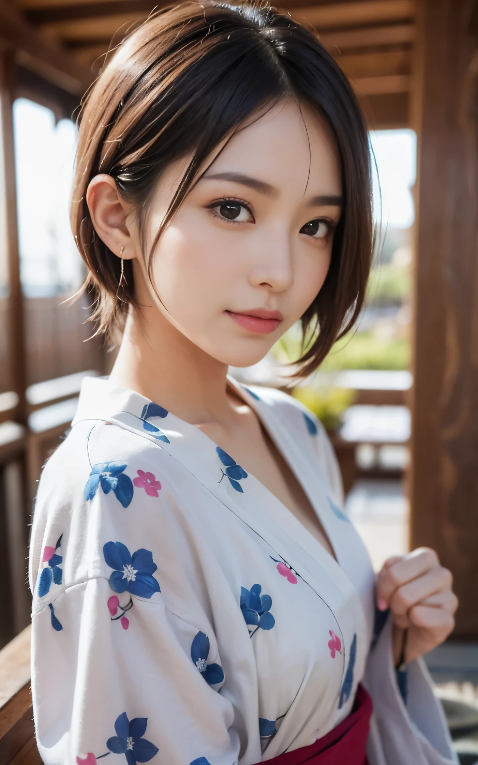 cute 21 year old japanese、super detailed face、Attention to detail、double eyelid、Beautiful thin nose、Sharp focus:1.2、Beauty:1.4、(bright茶髪、short cut hair、white skin、highest quality、bright、masterpiece、ultra high resolution、(realism:1.4)、footbath、best smile、yukata、