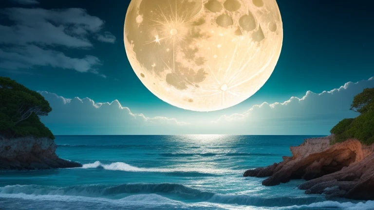 (((huge full moon))),Ocean,rock,forest