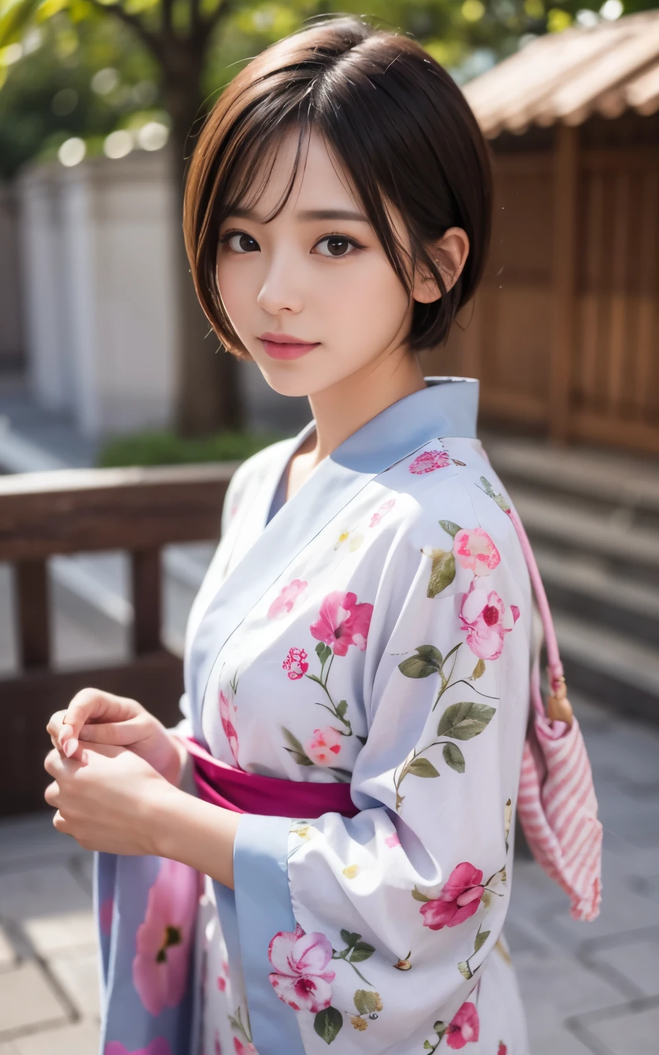 cute 21 year old japanese、super detailed face、Attention to detail、double eyelid、Beautiful thin nose、Sharp focus:1.2、Beauty:1.4、(bright茶髪、short cut hair、white skin、highest quality、bright、masterpiece、ultra high resolution、(realism:1.4)、footbath、best smile、yukata、