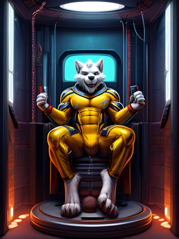 male anthro dog, super hero latex uniform, barefoot, nice big feet paws with pawpads and claws, hypnotic room, brainwash machine, drooling, eyes glowing