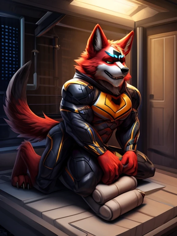 male anthro dog, super hero latex uniform, barefoot, nice big feet paws with pawpads and claws, hypnotic room, brainwash machine, drooling, eyes glowing