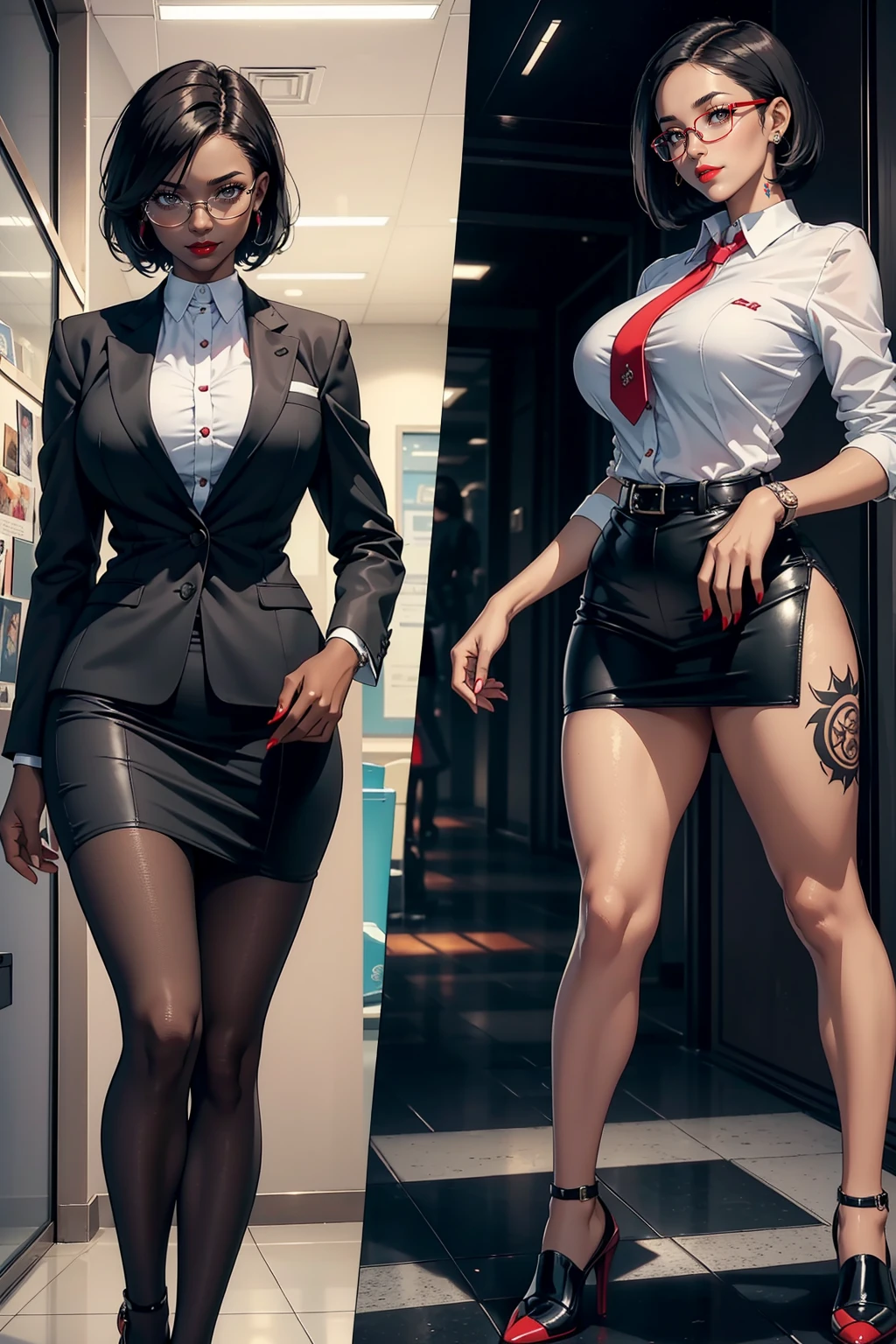 ((Masterpiece, Highest quality)), Detailed face, (character design sheet), full bodyesbian, Full of details, frontal body view, back body view, Highly detailed, Depth, Many parts, Multiple poses and expressions (young woma),(black hair, short hair:1.3) )(brown hair) (grey eyes), 22 years old, dominant gorgeous girl, same character, muscle body, (woman dark skin), nigerian woman, evil smile, red lips, (business suit), girl tall, choker, (Sexy Office Lady ), tattoos, glasses, short black skirt, white shirt, pantyhose, large breast