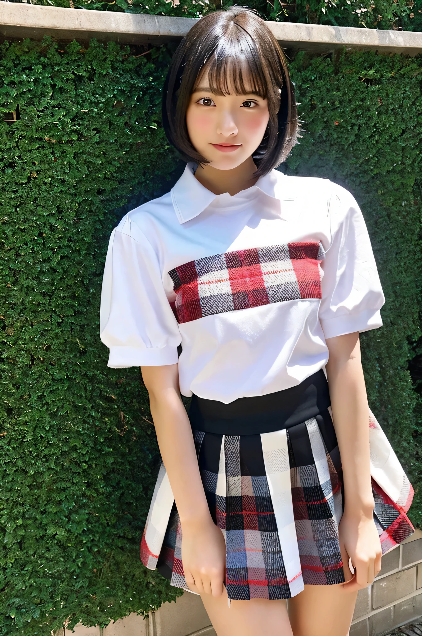 An 18-year-old high school girl wearing a white shirt and a super miniskirt with a red plaid pattern...(Black Hair Bob Cut)