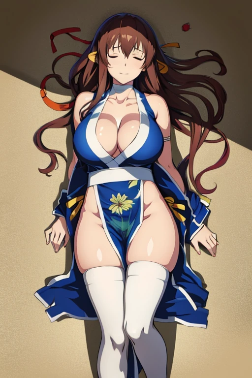 masterpiece, high resolution, best quality, beautiful art, 1 woman, solo, Rinna Mayfield, big breasted, cleavage, mature woman, sexy body, blue_japanese_clothes, sleeveless, white stockings, pelvic curtain,sexy outfit, full body, ryona, in peril, defeated, knocked out, unconscious, closed eyes, laying down on the sand, passed out, exhausted, sexy defeated pose, exposed full body, smirk, defeat scene , beach environment