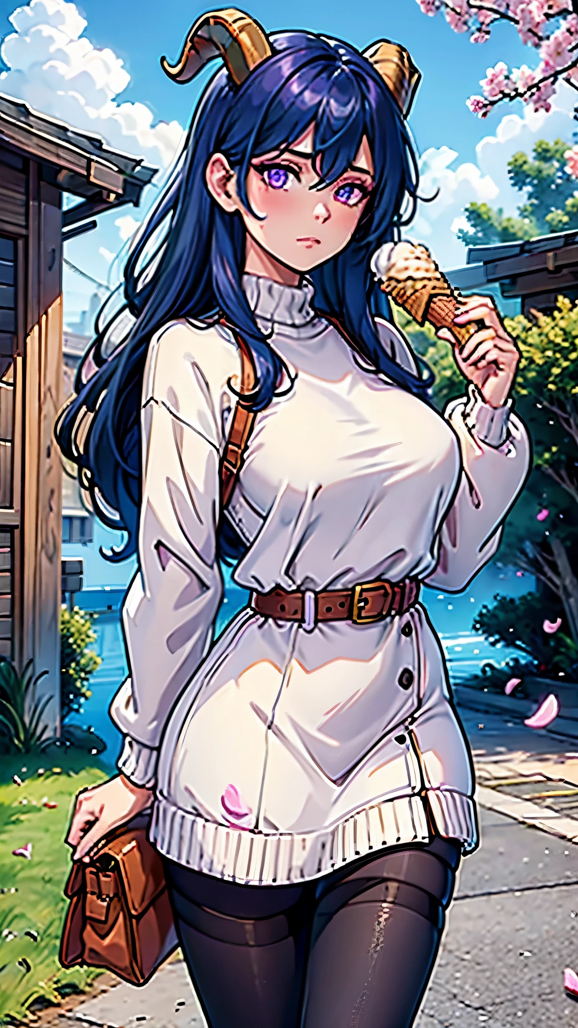 1girl,  solo,  long hair,  breasts,  looking at viewer,  blush,  bangs,  long sleeves,  dress,  holding,  hair between eyes,  closed mouth,  blue hair,  purple eyes,  flower,  ahoge,  pantyhose,  sidelocks,  outdoors,  food,  horns,  sky,  alternate costume,  day,  belt,  cloud,  bag,  sweater,  black pantyhose,  petals,  holding food,  casual,  handbag,  ice cream,  sweater dress,  goat horns,  falling petals,  ice cream cone,  purple sweater, 