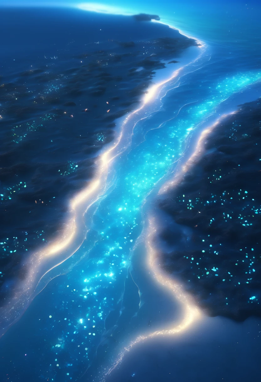 light blue beach covered with colored glowing glass, fluorescent ocean, moonlight, sparkling stars, 3d, ultrawide angle view, aerial view, ling stars moonlight on the ocean, reflection, cg social topics, body light, space art, bioluminescence, unreal engine 5, the magic of light, presented in unreal engine, ultrawide view, top view, ultrawide angle, 8k