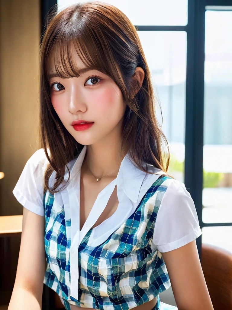 masterpiece, close-up shot of face, Front view, young beautiful japanese woman, sit on a chair, Inside the café,glamorous look, He is wearing a short-sleeved white collared shirt with a shiny red satin plain bow tie.。, She is wearing a blue tartan plaid skirt., absolutely beautiful face, glossy lips, double eyelids in both eyes, natural makeup, long eyelashes, Shiny smooth light brown medium length hair, asymmetrical bangs, sunburned skin, head frame, center image, 8K resolution, high detail, detailed hairstyle, detailed face, great cinematic lighting, octane rendering, vibrant, surreal, perfect limbs, perfect anatomy