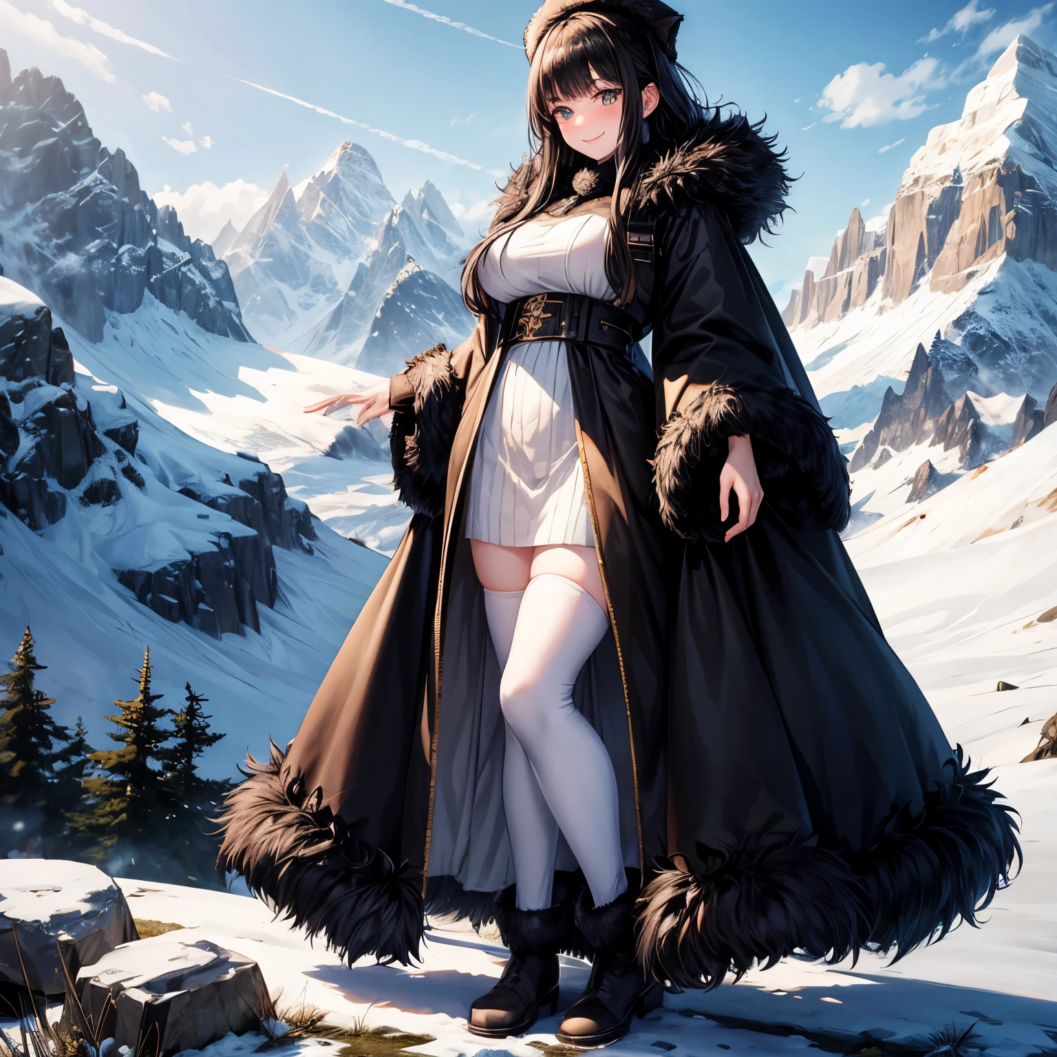 Fur cloak, long dress, black hair, green eyes, large breasts, pale skin, blush, knee length socks, fur boots, snowy mountainside, standing, smile