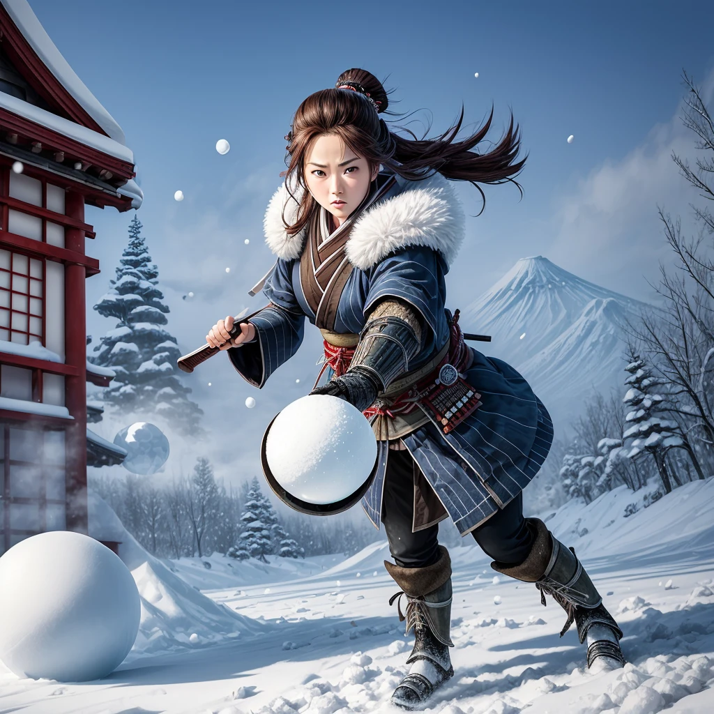 masterpiece, high-quality, high-definition, high-resolution, anime style, cold color palette, up view, full body, emitting cold air, delivery person, cool lighting, freezing surroundings, (a japanese samurai woman is fighting Snowball Pose and holding a large snowball in her hand, Snowballs flying in the air, (Cold air is leaking from the box is leaking from her body):1.4), calm and serious facial features, tense expression, hooded hairstyle, black hair color, cold winter attire, focused gaze, slightly open mouth, deep blue eyes, translucent skin texture, exposed face and hands, average bust size, winter boots, fashionable embroidery, frozen doorstep, winter landscape, swirling ice crystals, recipient's home structure, snowy elements, cold winter snow weather, daytime, freezing atmosphere, (Background is Snowy battlefields and castles with richly drawn and delicate)