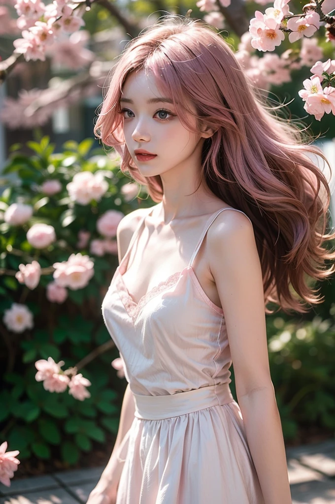 Light pink hair, pink eyes, pink and white, sakura leafs, vivid colors, white dress, ultra realistic, simple background, ray tracing, wavy hair