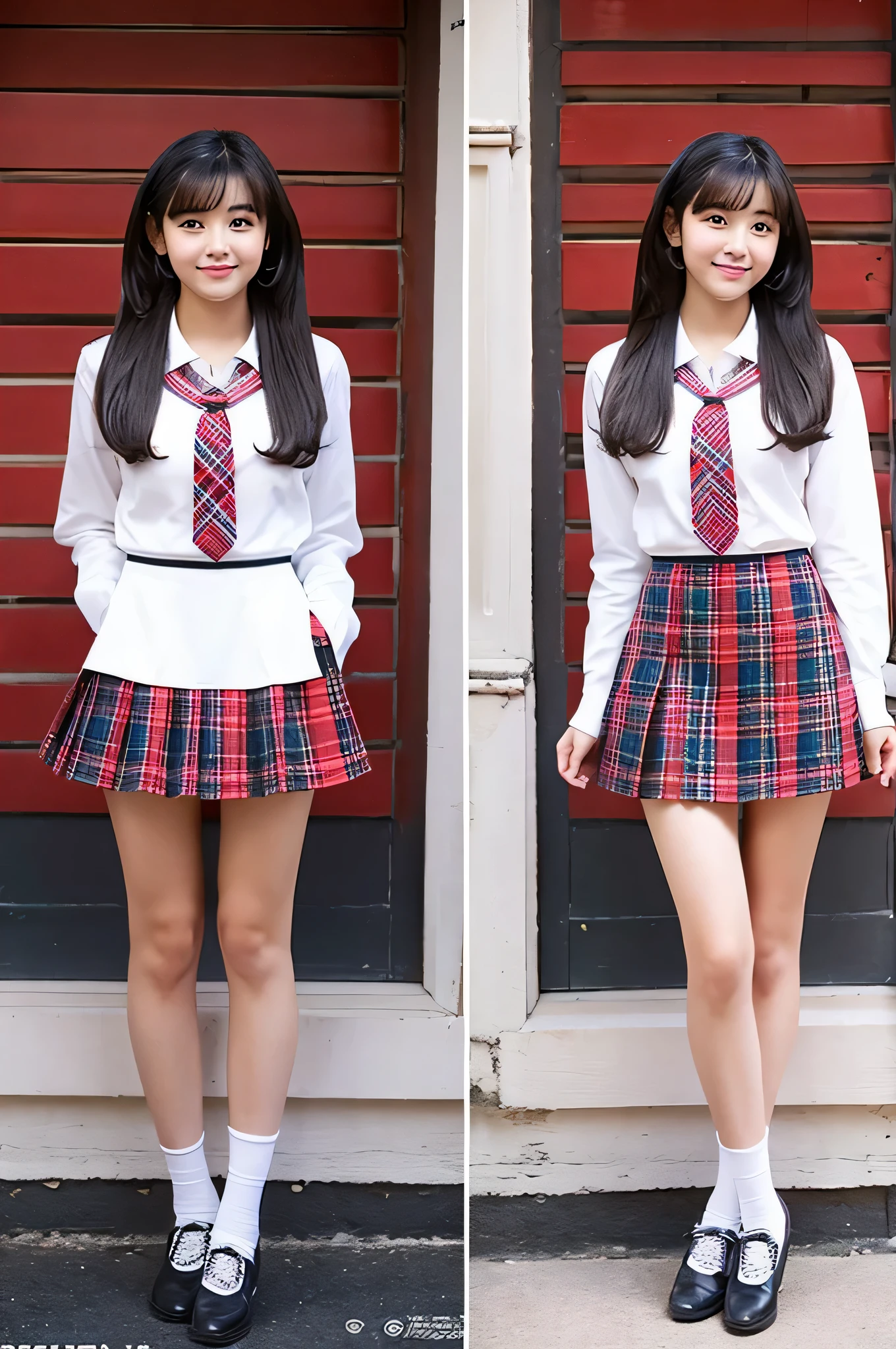 An 18-year-old high school girl wearing a super miniskirt with a red plaid pattern and a white dress shirt..（black hair）
