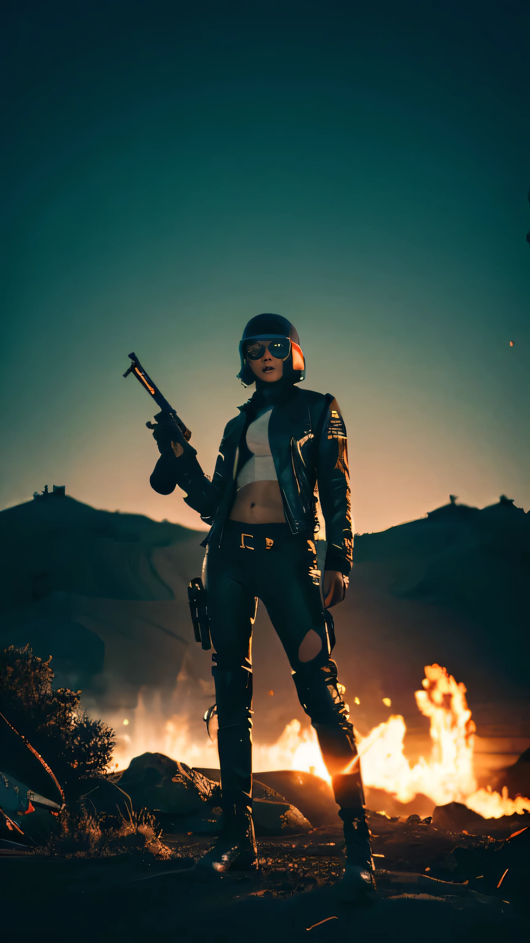 an attractive woman [gunslinger:bounty hunter:0.4] standing in a apocalyptic wilderness (glitchwave style:1) 