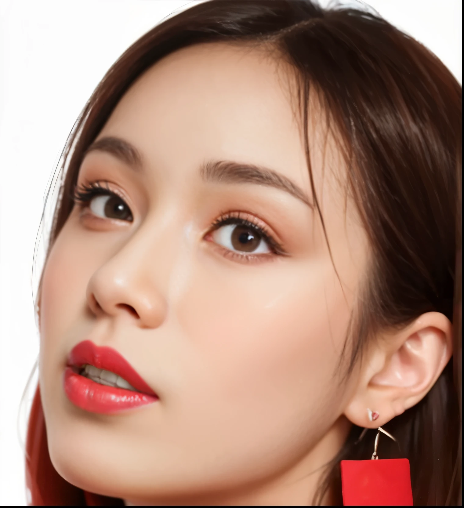 a close up of a woman with a red earrings and a red lipstick, popular korean makeup, popular south korean makeup, red lipstick on face, red blush, beautiful south korean woman, light-red lips, korean face features, red glowing skin, wan adorable korean face, red cheeks, sha xi, red contact lenses, young adorable korean face, beautiful young korean woman