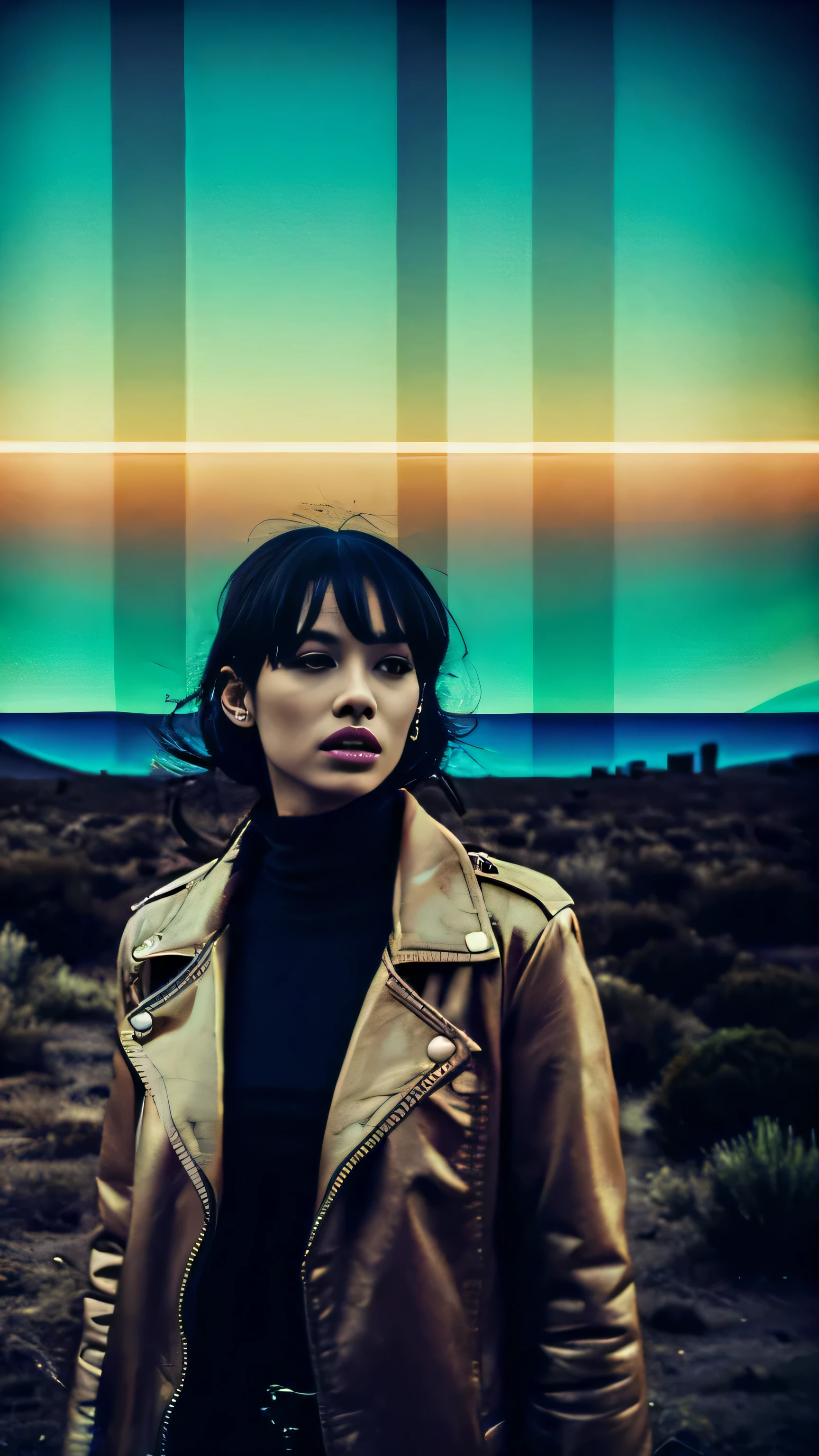 an attractive woman [gunslinger:bounty hunter:0.4] standing in a apocalyptic wilderness (glitchwave style:1) 