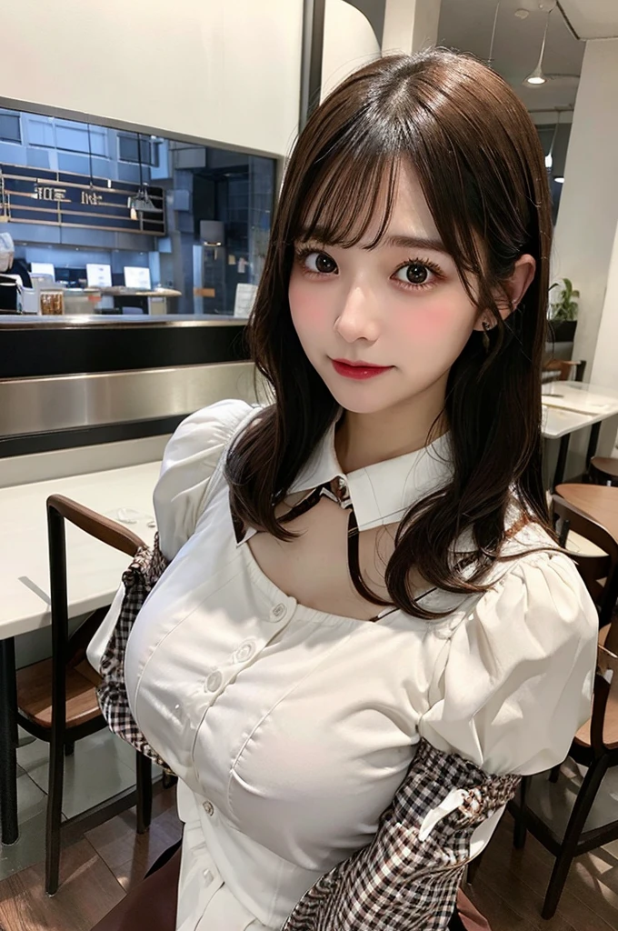 huge tit、G cup、Wearing a white blouse with long sleeves and collars、wearing a brown checked miniskirt、Inside the café