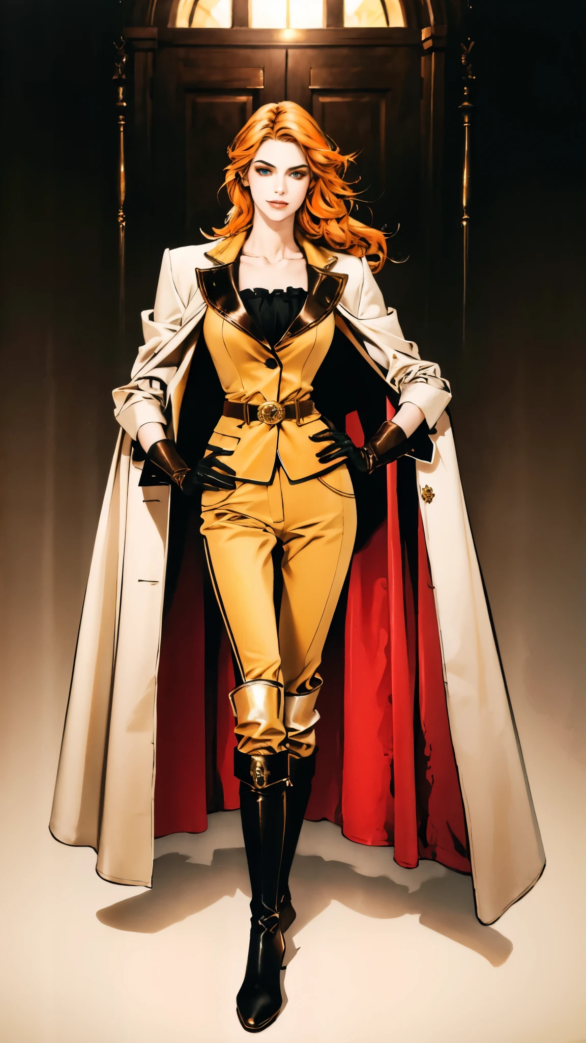 A beautiful woman with flowing orange long hair, exquisite facial features, a playful smile, confident eyes, a tall figure, a two-piece fantasy-style pirate robe coat, yellow as the main color, complemented by red accents, long wrist guard gloves on her hands, a gold belt around her waist with a short hem, leather pants, knee-high boots, standing with her hands on her hips in front of a fantasy medieval-style port tavern, this character embodies a finely crafted fantasy-style female pirate in anime style, exquisite and mature manga art style, high definition, best quality, highres, ultra-detailed, ultra-fine painting, extremely delicate, professional, anatomically correct, symmetrical face, extremely detailed eyes and face, high quality eyes, creativity, RAW photo, UHD, 8k, Natural light, cinematic lighting, masterpiece-anatomy-perfect, masterpiece:1.5