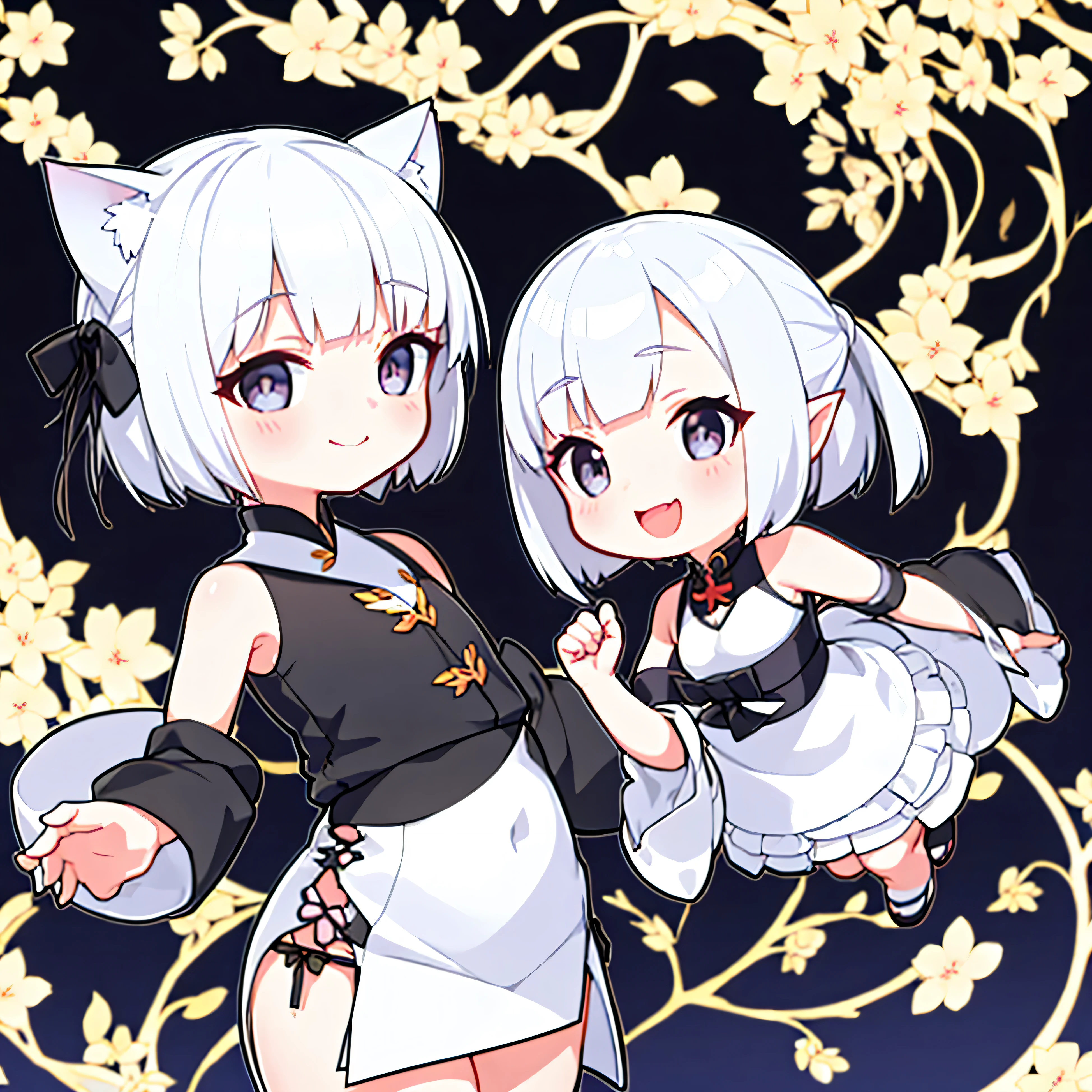 White short hair, Cat's ears, girl, Oriental traditional clothing, Black short skirt, 3 head body type, cute characters, SD Character, Smiling and speaking with bright eyes, no nose