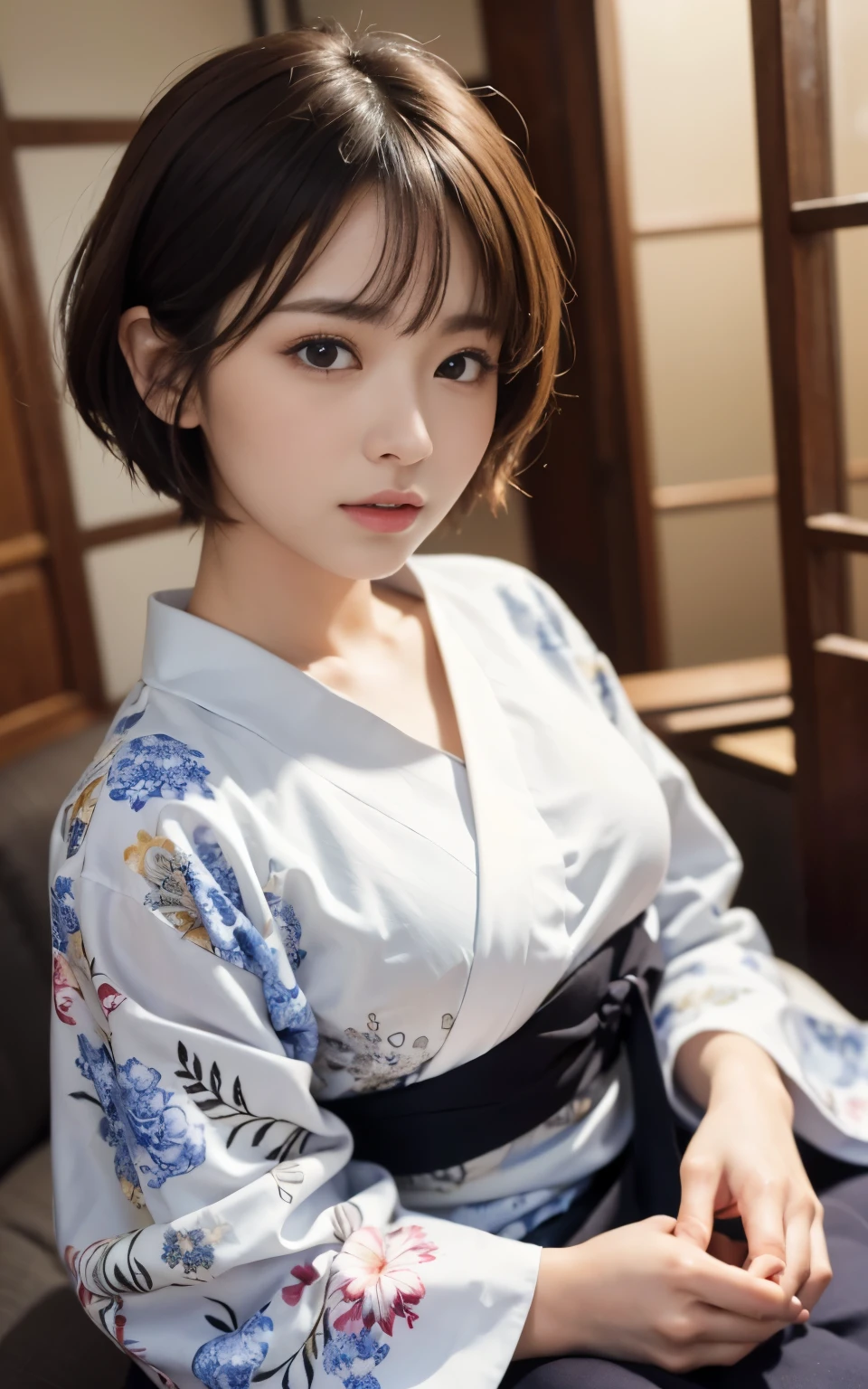 (highest quality:1.5)、(Real:1.5)、(1 person:1.5)、Medium Shot、(Very detailed)、(High resolution)、8k、Small breasts、Natural color lip、Cute smile、Japanese women、20 year old girl、Thin eyebrows、Beautiful and elegant face、Cute face、Cute eyes、Big eyes、Big Eyes、Fair skin、Beautiful and elegant face、Natural Bangs、Beautiful and thin nose、 Beautiful Skin、Medium Bob Hair、Natural Bangs、Perfect and beautiful facial features、Slim face and figure、(Looking at the camera with a cute expression)、(Bright lighting)、Professional Lighting、(Lighting from the front)、Adorable smile、cute、Beautiful cleavage、Simple Background、Japanese-style room、Beautiful clavicle、Graceful pose、Kimono with long-sleeved kimono、Cutekimono with long-sleeved kimono、(cutekimono)、(cutekimono)、Beautiful clavicle、Upper Body、Beautiful cleavage、Beautiful Japanese pattern kimono、Cute Japanese pattern obi、kimono、