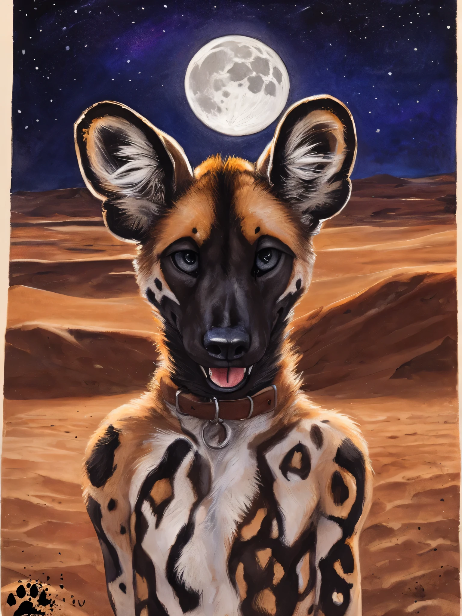 solo, (anthro:1.2), African Wild Dog, feminine body, submissive, panting, shy, male, shaggy fur, thick fur, tail, beautiful eyes, perfect eyes, symmetrical eyes, (black retinas:1.2), detailed background, sahara desert background, realistic, photorealistic, ultra realistic, 8k, (by blotch), nighttime, beautiful moon, stars, brown collar,