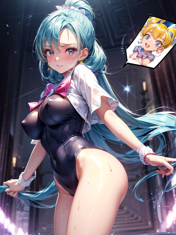 hight resolution, top-quality, ultra-quality, The ultra-detailliert, lighting like a movie、full of sweat、Wearing sweat、((sexy precure leotard))、、、(My whole body is sweaty、after sex、show off your pussy、not wearing underwear、accurate anatomy、beautiful nipples)、Obscene atmosphere、Front Camera Angle