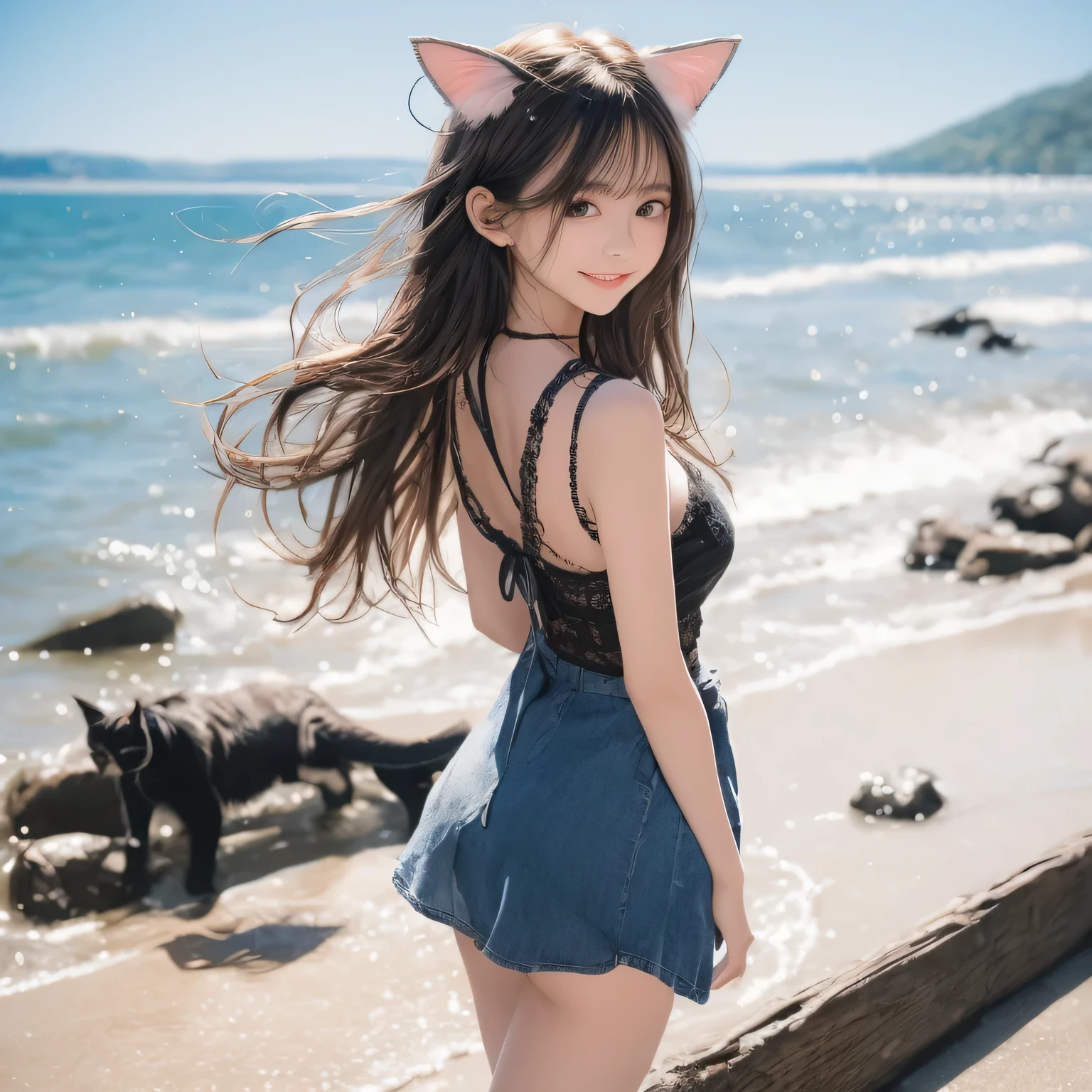 Frau mit Katzenohren sitzt auf Felsen am Meer, Beautiful young cat girl, very beautiful cute cat girl, Attractive cat girl, cat girl, Ahri, jemand, Ahri aus League of Legends, jemandmimi, cat girl, japanese goddess, Gesehen auf Artgerm, auf einer Klippe, am Strand, Sakimichan HDRI